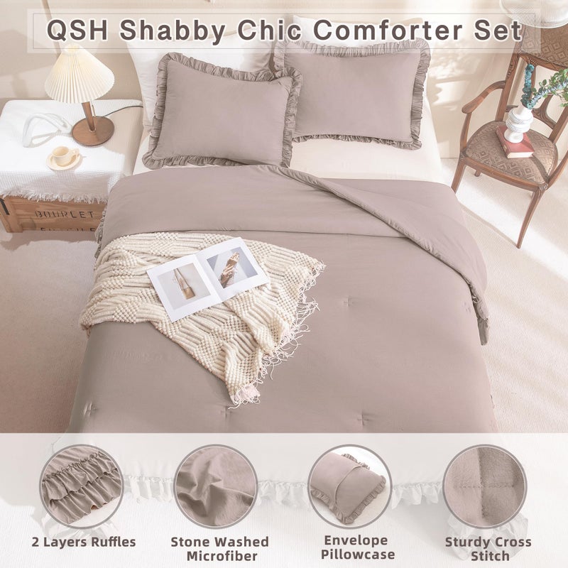 QSH Ruffled Comforter Set Queen Size, 3pcs Taupe Shabby Boho Chic Bedding Comforter Sets, Ultra Soft Farmhouse Lightweight Microfiber Inner Fill Bed Comforter Set - Image 3